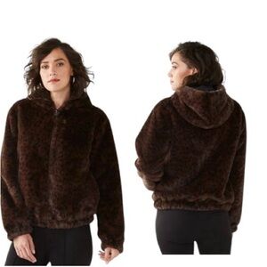 Nine West Women's Animal Print Faux-Fur Hooded Jacket Brown Cheetah Print Size S